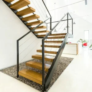 Modern Indoor Staircase Railing Black Galvanized Steel Frame with Cable Wire Infill Balustrades Handrails