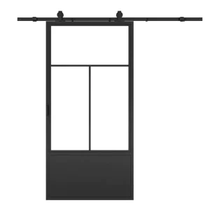 Modern Interior Wrought Iron Steel Frame Glass Side Opening Sliding Barn Door Fiberglass Screen Finished Surface for Bathroom