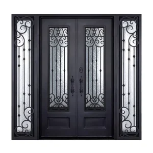 Modern Main Entrance Double Metal Door Exterior Security Black Wrought Iron Front Entry Doors for Houses Villa Home Residential