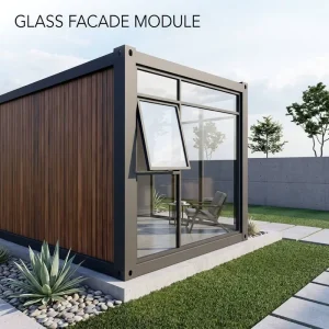 Modern Sandwich Panel Wood Finish Prefabricated Modular Container Home for Garden Backyard with Large Glass Windows