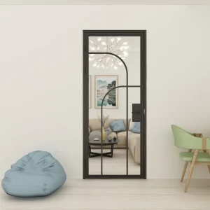 Modern Steel Framed Glass Partition Door with Lock Handle Side Opening for Apartment Interior Decoration