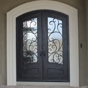 Modern Wrought Iron Front Doors Villa Main Entry Arch Shape Decorative Grille Steel Manual Iron Exterior Door Sidelight Mall