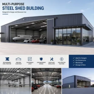 Multi Purpose Steel Shed Building Prefabricated Hangar Structure for Warehouse Workshop Car Showroom Equipment Storage