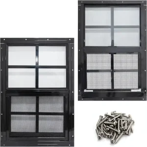 NeatiEase 2 Pack Contemporary Design Shed Windows Black Frame 12×18 Flush Mount Small Window Tempered Glass Fiberglass Screen