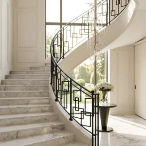 Ornamental Wrought Iron Curved Stair Railing Balustrades For Villa Luxury Design Rust Resistant