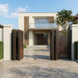 Outdoor Aluminum Bi-Fold Gate with Built-in Wicket Door for Villa Courtyard Entrance
