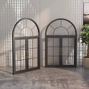 Postmodern Stainless Steel Custom Partition Art Glass Floor-to-Ceiling Arched Sliding Casement Window