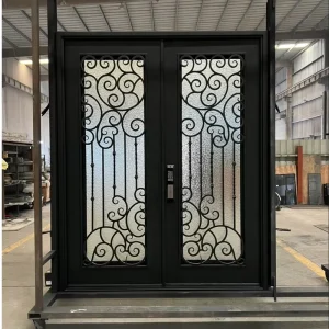 Powder Coated Exterior French Style Steel Doors with Arched Glass Wrought Iron Exterior Security Double Iron Door