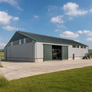 Prefabricated Light Steel Structure Agricultural Warehouse Machinery Storage Shed with Sliding Door