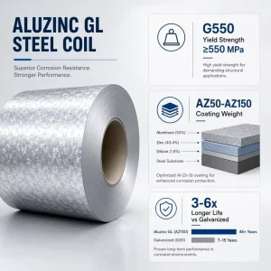 Prime Aluzinc GL Steel Coil Factory Direct Supply ASTM A792 JIS G3321 Galvalume Coated Steel Roll 600-1250mm Width for Export