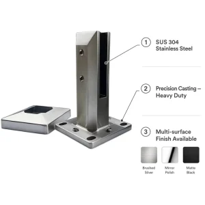 Stainless Steel Square Glass Spigot Clamp Rust Resistant Design for Railings Stairs DIY Installation-12mm No-Hole Floor Mount