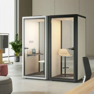Steel Frame Soundproof Office Phone Booth Acoustic Privacy Pod With Glass Door LED Task Light and Desk for Corporate Workspace
