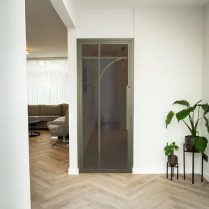 Steel Interior Door Olive Green 5 Panels Round Smoked Glass