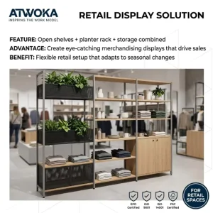 Varia Modular Office Shelving System with Storage Cabinet and Planter Rack for Commercial Workspace