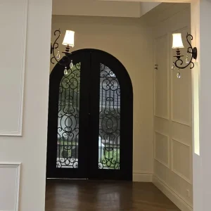 Villa Entry Security Doors Metal Decorative Arched Double-Glass Black Wrought Iron Exterior Doors