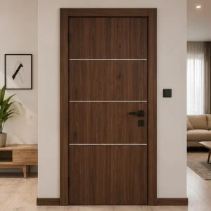 Wood Grain PVC Clad Door With Decorative Stainless Steel Stylish Stereoscopic Effect Wear Resistant Easy Maintenance for Indoor