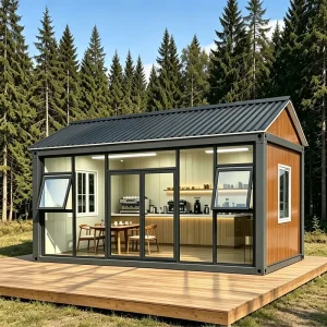 Wooden Grain Glass Wall Container House for Vacation Modern Prefab Modular Villa for Living Coffee Shop