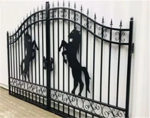 Wrought Iron Driveway Gates with Horse Design and Fencing Trellis, 20ft
