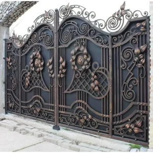 Wrought Iron Driveway Gates with Lion Head and Leaf Motifs, Double Swing