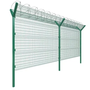 Y Post 3D Curved Welded Mesh Airport Security Fence with Concertina Razor Wire, Anti-Climb Prison Perimeter Panel